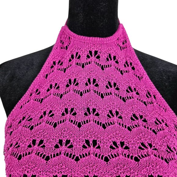 Womens 1X Crochet Halter Midi Bodycon Dress Tie Back In Magenta Sexy Beach - Picture 5 of 11